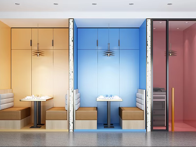 Colorful Casual Lounge Area With Yellow Blue Pink Walls Tables Banquettes And Pendant Lights 3d model
