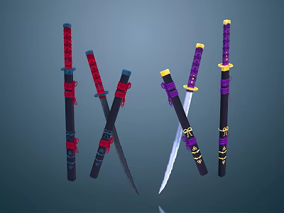 Traditional Japanese Swords With Red Purple Handles And Decorative Wraps In Crossed Upright Positions 3d model