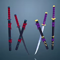 Traditional Japanese Swords With Red Purple Handles And Decorative Wraps In Crossed Upright Positions