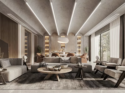 Modern Living Dining Room Interior Design With Wooden Walls Sofa Coffee Table And Pendant Lighting 3d model