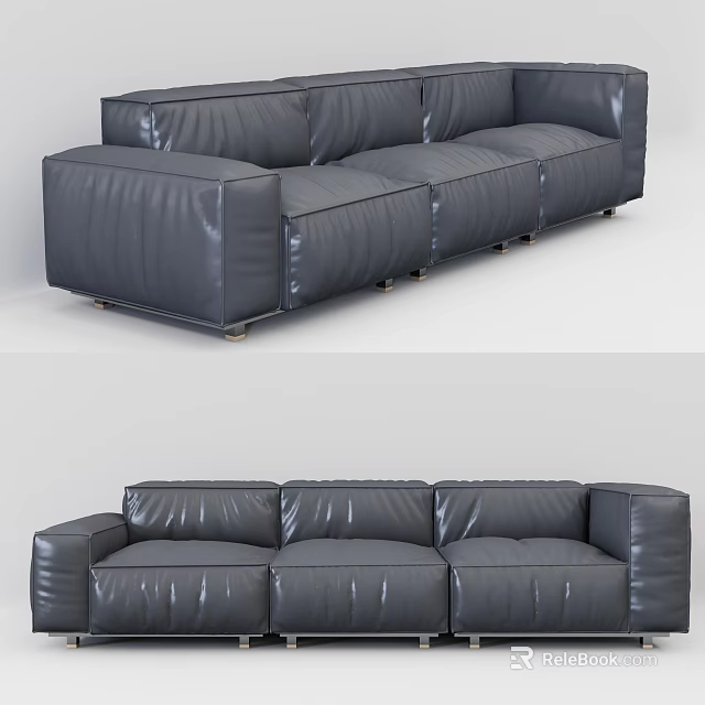 Modern Three-seater Leather Sofa With Stitching Details And Metal Legs For Living Room 3d model 