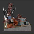 Construction Site Components 3D Model With Red Crane Blue Tank White Poles And Building Modules