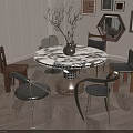 Elegant Round Marble Dining Table Set With Mixed Chairs Dried Branch Decoration And Wall Art