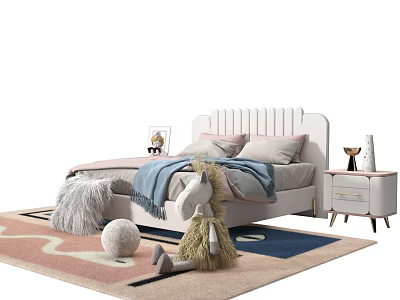 White Kids Bed with Striped Headboard Pillows Blanket and Plush Toys on Colorful Rug 3d model