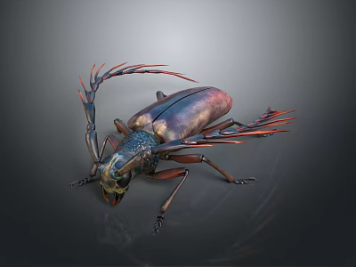 3D Insect Model With Metallic Sheen Long Antennae Red Branches Legs And Reflection On Gray 3d model