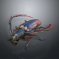 3D Insect Model With Metallic Sheen Long Antennae Red Branches Legs And Reflection On Gray