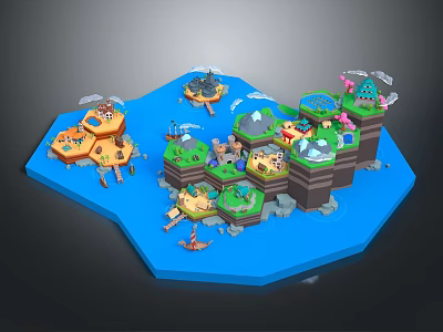 Cartoon Scene With Island Multiple Regions Green Grass Stones Small Buildings And Blue Water 3d model