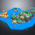 Cartoon Scene With Island Multiple Regions Green Grass Stones Small Buildings And Blue Water