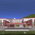 Grand Red Brick Building Entrance Gate With Red Roof Plaza Trees And Mountain Backdrop
