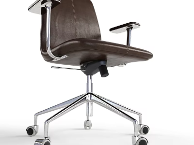 Brown Leather Office Chair With Metal Frame And Armrests On Wheels 3d model