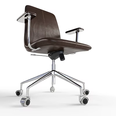 Brown Leather Office Chair With Metal Frame And Armrests On Wheels 3d model