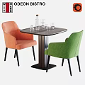 Modern Dining Table And Armchairs Set With Orange Green Upholstered Chairs And Tabletop Bottle Glasses