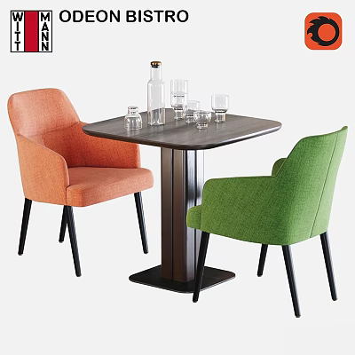 Modern Dining Table And Armchairs Set With Orange Green Upholstered Chairs And Tabletop Bottle Glasses 3d model