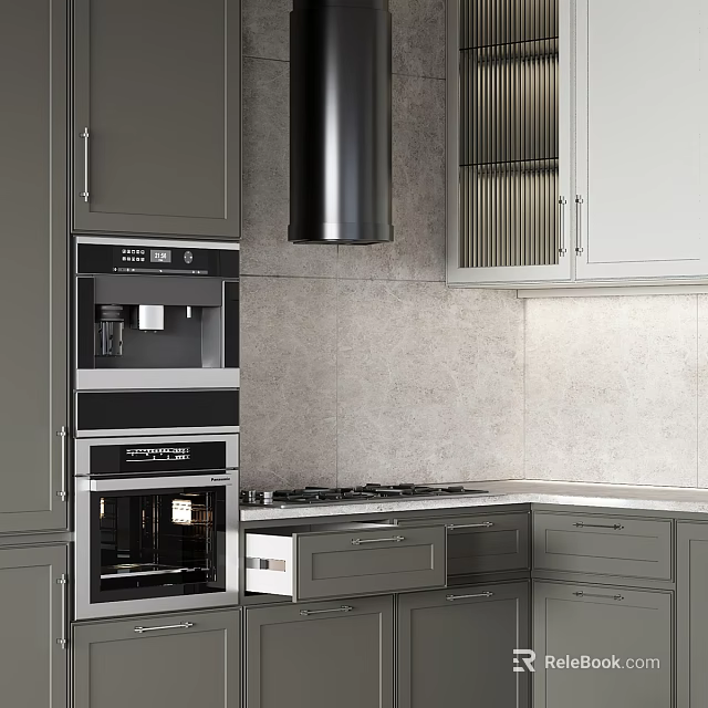 Modern Kitchen Interior With Gray Cabinets Black Range Hood Coffee Machine And Oven 3d model