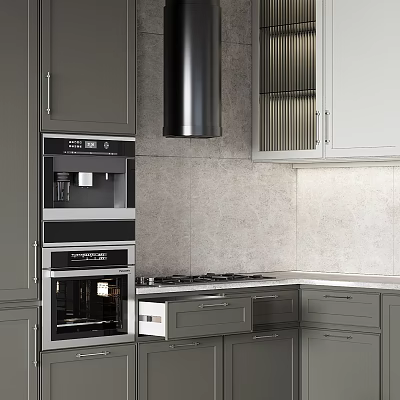 Modern Kitchen Interior With Gray Cabinets Black Range Hood Coffee Machine And Oven 3d model