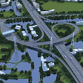 Large Interchange Bridge Structure With Multiple Lanes Green Areas Water Bodies And Surrounding Buildings 3d model
