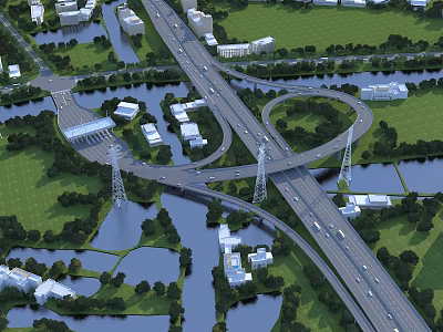 Large Interchange Bridge Structure With Multiple Lanes Green Areas Water Bodies And Surrounding Buildings 3d model