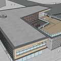 Modern Sales Office Building With Flat Roof Glass Curtain Wall And Terrace