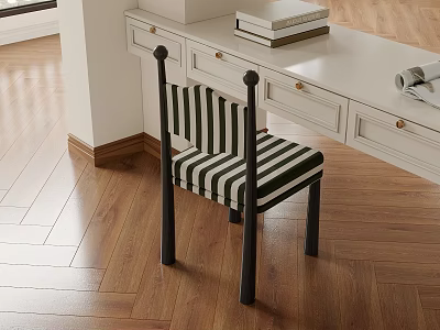 Striped Single Chair With Black Legs Next To White Desk On Wooden Floor 3d model
