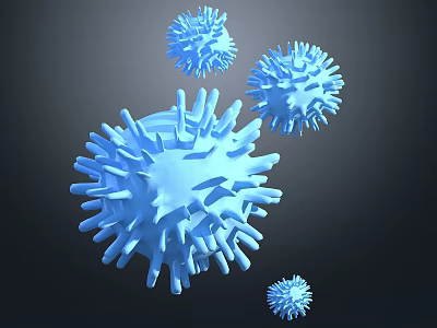 Blue Virus Particles 3D Rendered With Multiple Spikes On Dark Background 3d model