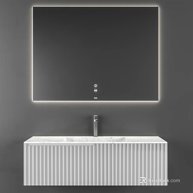 Modern Bathroom Vanity With White Vertical Slats Cabinet And Backlit Mirror Against Gray Wall 3d model 