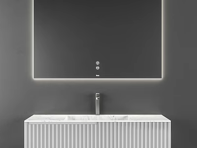 Modern Bathroom Vanity With White Vertical Slats Cabinet And Backlit Mirror Against Gray Wall 3d model