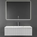 Modern Bathroom Vanity With White Vertical Slats Cabinet And Backlit Mirror Against Gray Wall