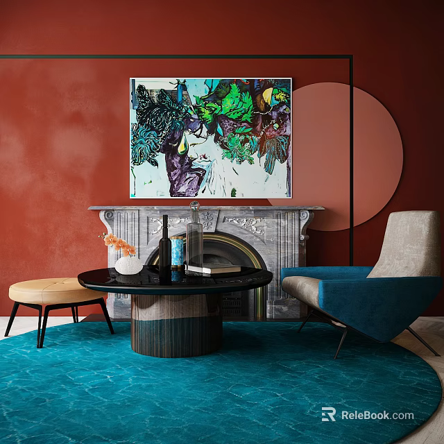 Accent Chair With Red Wall Colorful Painting Fireplace Black Round Coffee Table And Blue Rug 3d model 