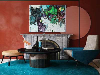 Accent Chair With Red Wall Colorful Painting Fireplace Black Round Coffee Table And Blue Rug 3d model