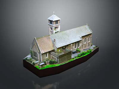 Cartoon Scenery of a Church with Clock Tower Gray Roof Brown Walls and Green Lawn 3d model