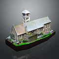 Cartoon Scenery of a Church with Clock Tower Gray Roof Brown Walls and Green Lawn