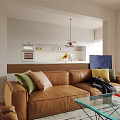 Modern Living and Dining Room Interior with Dining Table Sofa Wall Art and Pendant Light