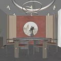 Elegant Private Dining Room Interior With Round Table Red Backdrop And Chandelier 3d model