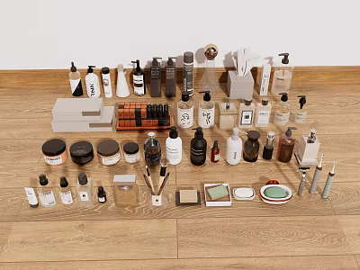 Assorted Daily Cleaning Products And Toiletries Arranged On Wooden Floor 3d model