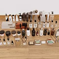 Assorted Daily Cleaning Products And Toiletries Arranged On Wooden Floor