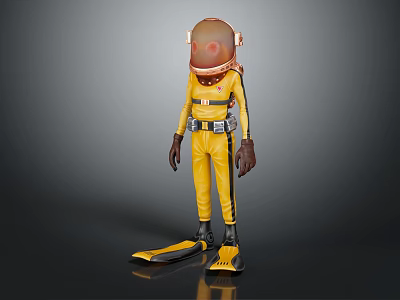 Woman in yellow diving suit with helmet and flippers standing in studio 3d model