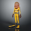 Woman in yellow diving suit with helmet and flippers standing in studio