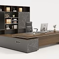 Modern Wooden Office Desk With Side Bookshelf Computer Monitor Books And Marble Accents