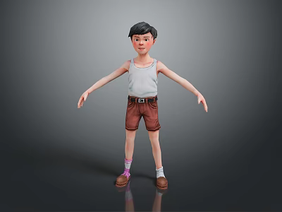 Man Wearing White Tank Top And Brown Shorts With Arms Outstretched Against Gray Background 3d model