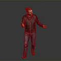 Man In Bun Hairstyle Black Jacket Blue Jeans Brown Shoes Open Hands Gray Background