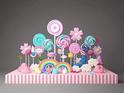 Colorful Candy Display With Lollipops Flowers Rainbow Clouds And Pink Striped Base 3d model