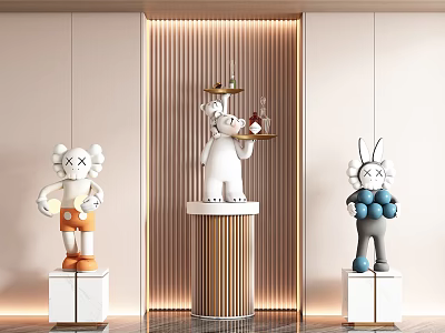Kaws Style Bear Sculptures on White Pedestals with Decorative Background Lighting 3d model
