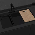 Modern Kitchen Sink Area With Black Countertop Wooden Cutting Board And Wine Glass