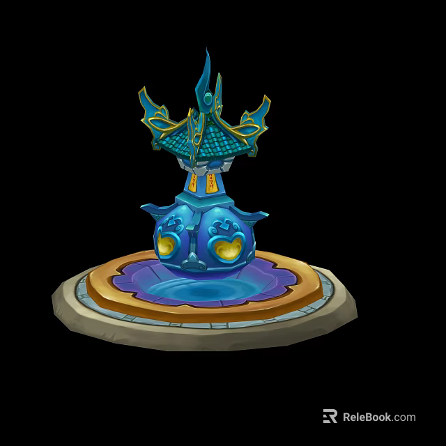 Intricate Blue Scenic Structure With Decorative Top Water Basin Base And Yellow Accents 3d model 