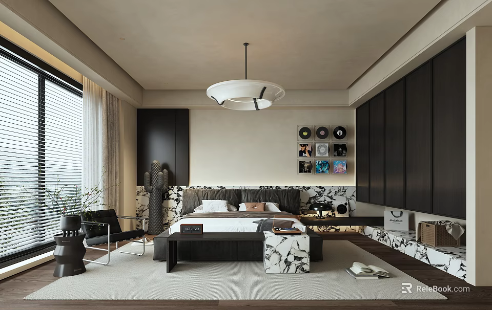 Modern Bedroom Interior With Black Furniture Marble Accents Pendant Light And Gallery Wall 3d model 