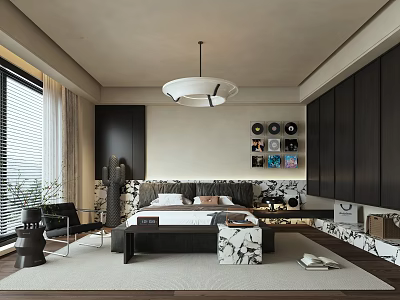 Modern Bedroom Interior With Black Furniture Marble Accents Pendant Light And Gallery Wall 3d model