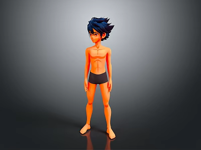 Shirtless Male Character With Short Hair Standing In Black Shorts Against Gray Background 3d model