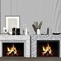 Marble Fireplaces With Burning Flames And Decorative Items On Mantel In Interior