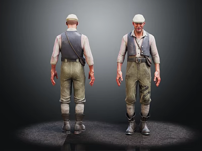 Vintage Man In Workwear With Cap Vest Shirt And Boots Front Back View 3d model