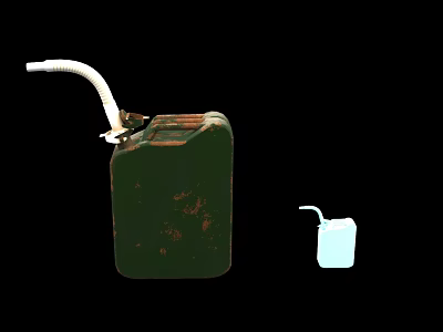 Military Weapon Fuel Barrel with Green Rusty Surface White Spout and Blue Small Can 3d model